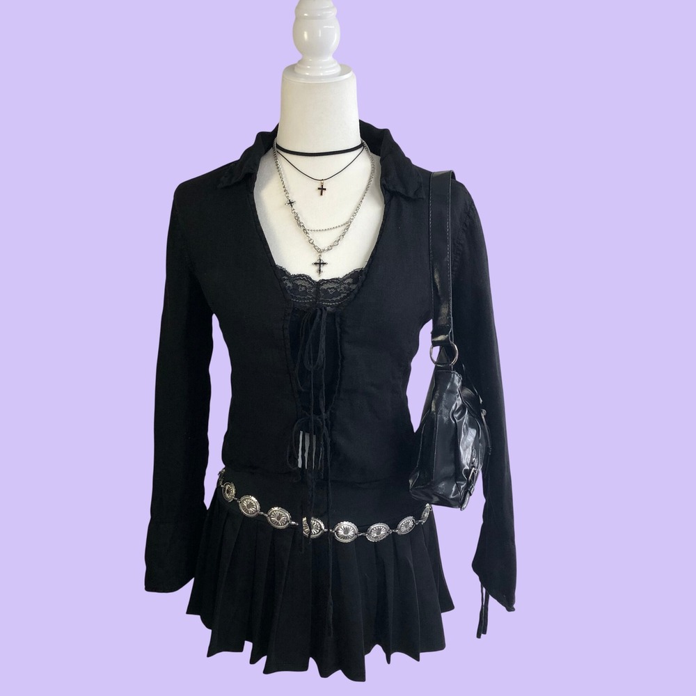 ZARA Black Linen Blend Front Tie Keyhole Long Sleeve Top Womens Small Y2K Grunge